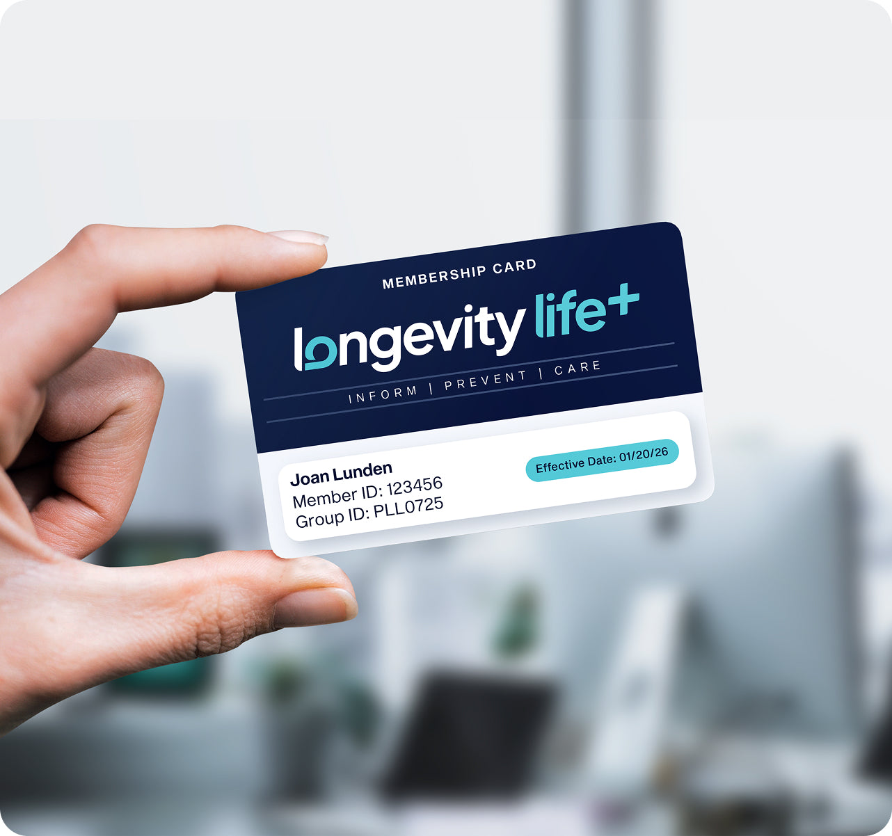Hand holding Longevity Life+ membership card